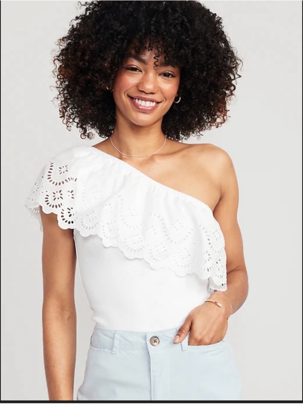 Old Navy White One-Shoulder Eyelet Ruffle Top Tank Size M EUC